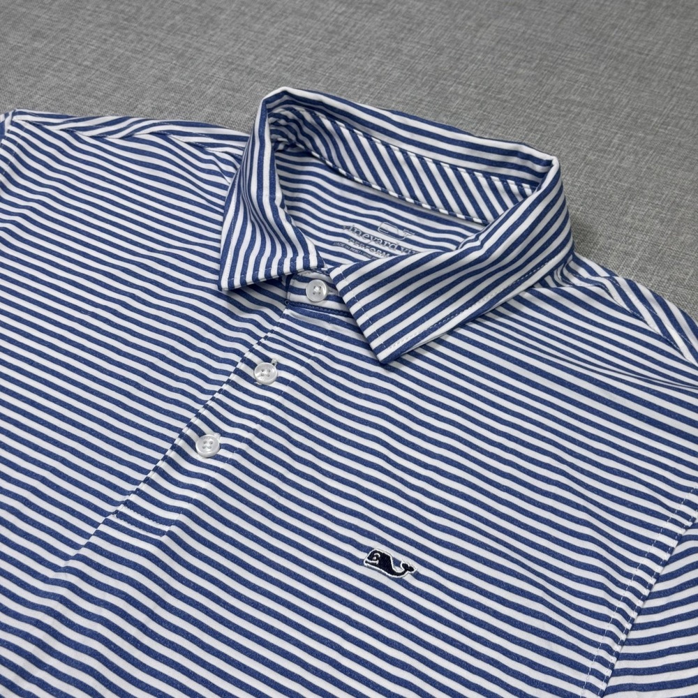Vineyard Vines Performance Polo Golf Shirt Mens L Blue Striped Polyester Spandex